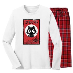 Retro Kawaii Black Cat Ramen Lover Japanese Food Women's Long Sleeve Flannel Pajama Set 