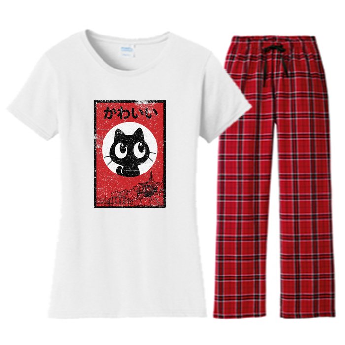 Retro Kawaii Black Cat Ramen Lover Japanese Food Women's Flannel Pajama Set