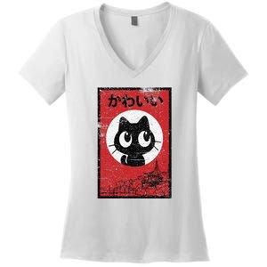 Retro Kawaii Black Cat Ramen Lover Japanese Food Women's V-Neck T-Shirt