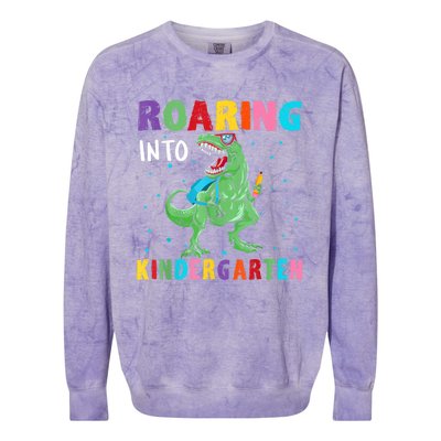 Roaring Kindergarten Cool Dinosaur Back To School Kids Colorblast Crewneck Sweatshirt