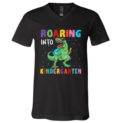 Roaring Kindergarten Cool Dinosaur Back To School Kids V-Neck T-Shirt