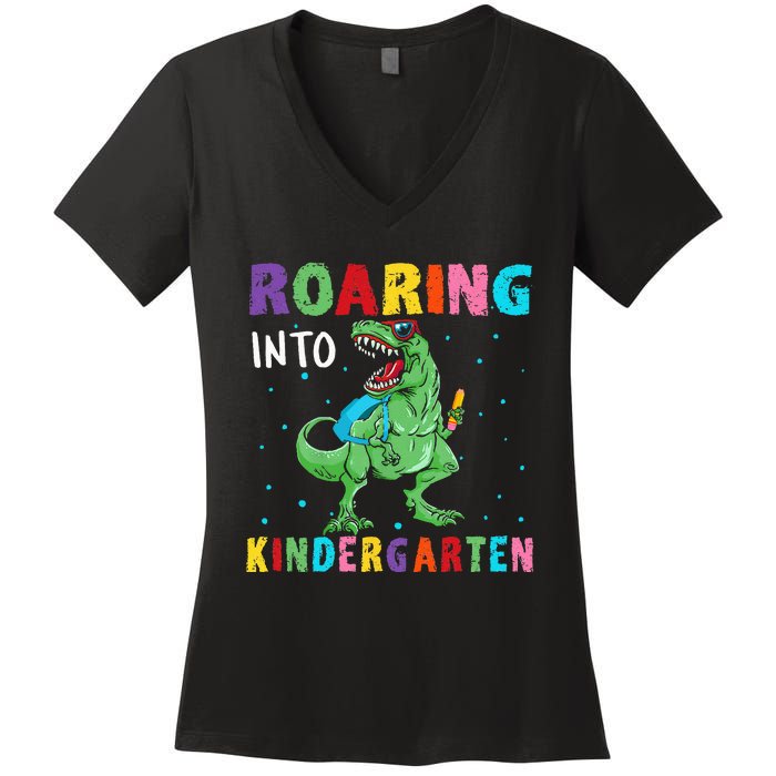 Roaring Kindergarten Cool Dinosaur Back To School Women's V-Neck T-Shirt