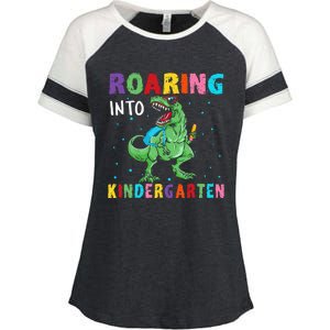 Roaring Kindergarten Cool Dinosaur Back To School Enza Ladies Jersey Colorblock Tee