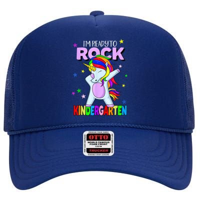 Rock Kindergarten Dabbing Unicorn Girl Back To School High Crown Mesh Back Trucker Hat