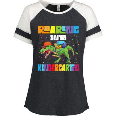 Roaring Kindergarten Dinosaur T Rex Back To School Enza Ladies Jersey Colorblock Tee