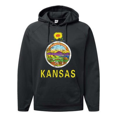 Retro Kansas Flag Vintage Ks Souvenir Gift Performance Fleece Hoodie