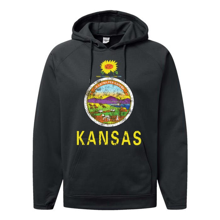 Retro Kansas Flag Vintage Ks Souvenir Gift Performance Fleece Hoodie