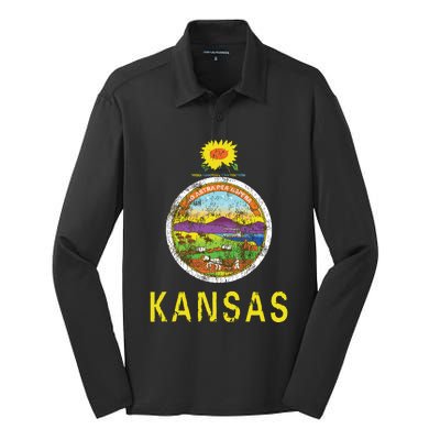 Retro Kansas Flag Vintage Ks Souvenir Gift Silk Touch Performance Long Sleeve Polo