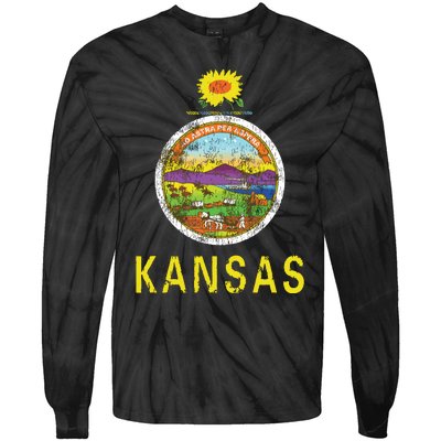 Retro Kansas Flag Vintage Ks Souvenir Gift Tie-Dye Long Sleeve Shirt