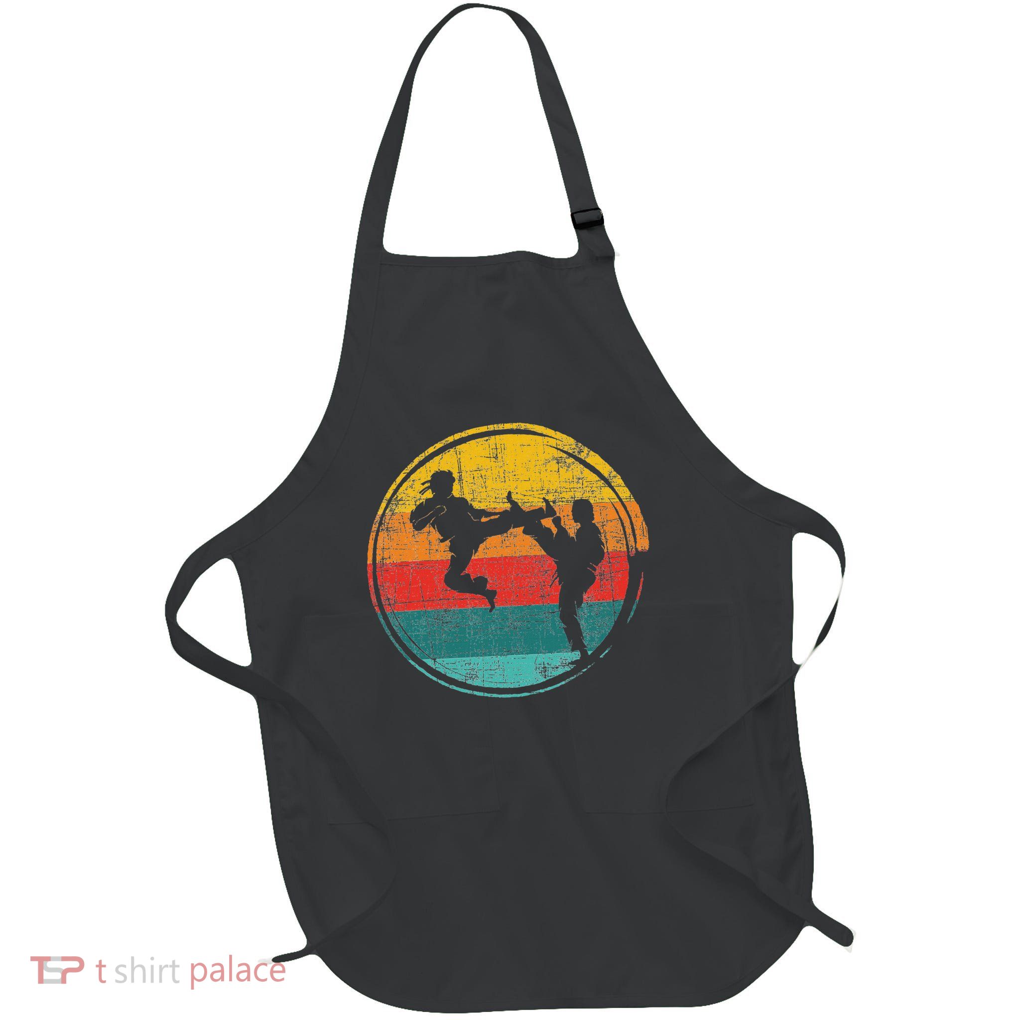 Retro Karate Fighter Karateka Combat Self Defense Coach Full-Length Apron With Pockets