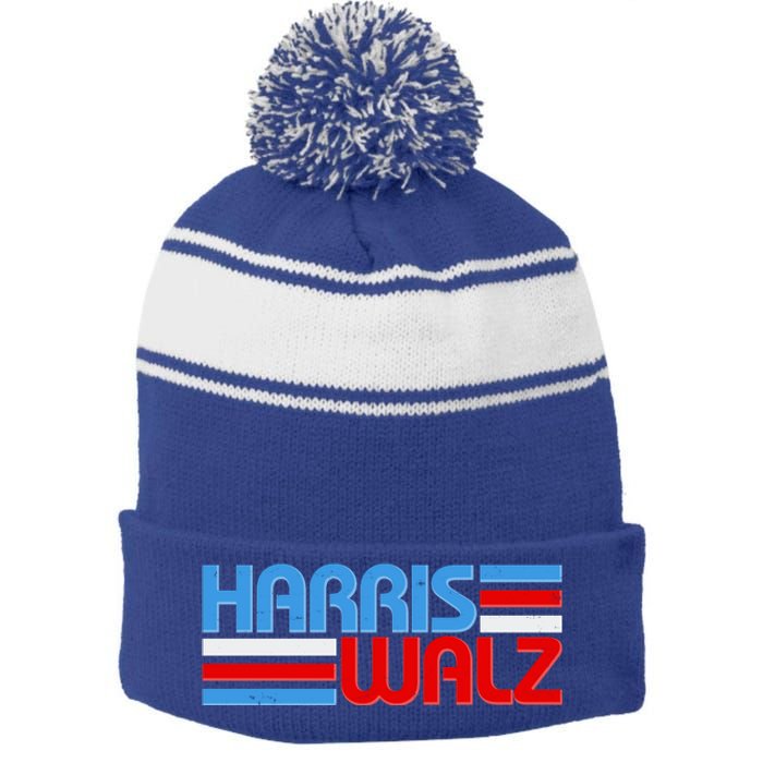 Retro Kamala Harris Tim Walz 2024 Election Stripe Pom Pom Beanie