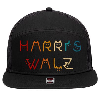 Retro Kamala Harris Walz Waltz 2024 Cat Lettering Positive 7 Panel Mesh Trucker Snapback Hat