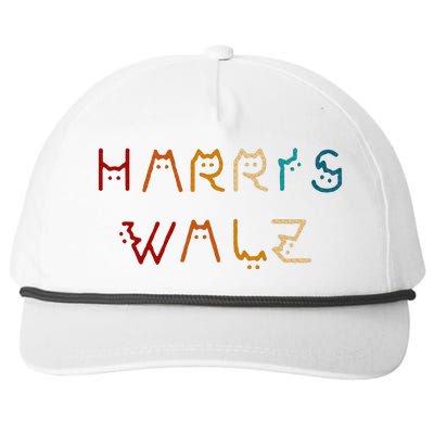 Retro Kamala Harris Walz Waltz 2024 Cat Lettering Positive Snapback Five-Panel Rope Hat