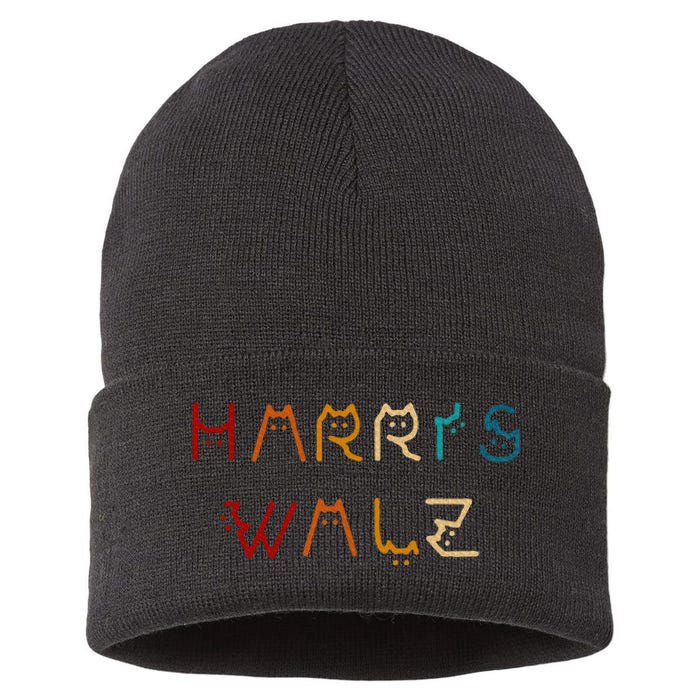 Retro Kamala Harris Walz Waltz 2024 Cat Lettering Positive Sustainable Knit Beanie