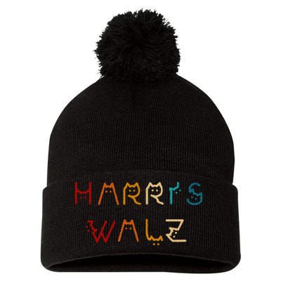 Retro Kamala Harris Walz Waltz 2024 Cat Lettering Positive Pom Pom 12in Knit Beanie