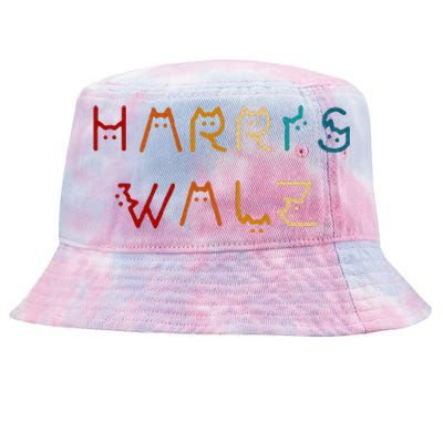 Retro Kamala Harris Walz Waltz 2024 Cat Lettering Positive Tie-Dyed Bucket Hat