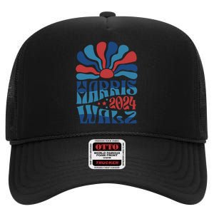 Retro Kamala Harris Walz 2024 High Crown Mesh Back Trucker Hat