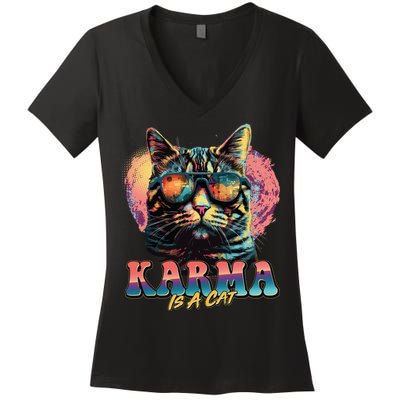 Retro Karma Is A Cat Women's V-Neck T-Shirt