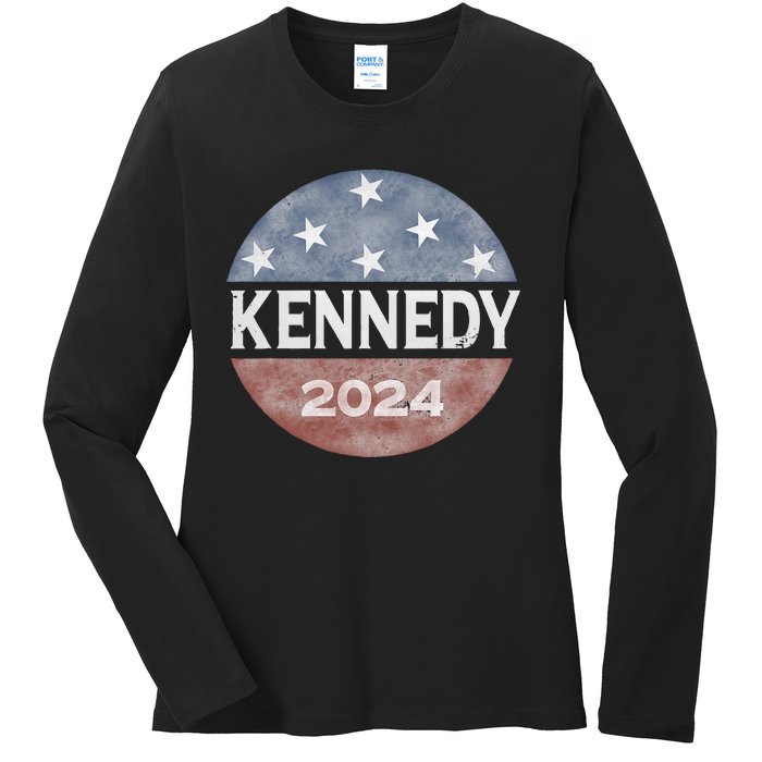 Robert Kennedy Jr 2024 President Vintage Button USA Flag Ladies Long Sleeve Shirt