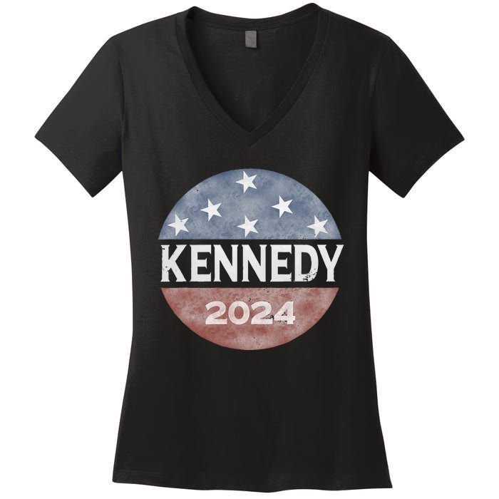 Robert Kennedy Jr 2024 President Vintage Button USA Flag Women's V-Neck T-Shirt