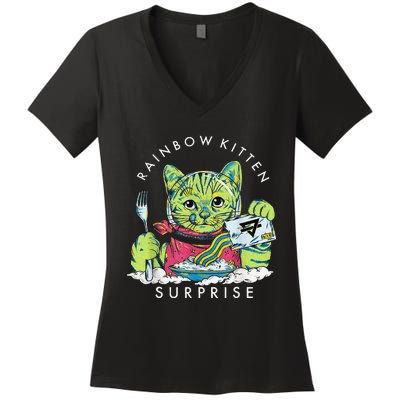 Rainbow Kitten Surprise Cute Eat Retro Animals Women's V-Neck T-Shirt