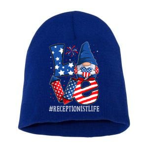 Receptionist Love 4th Of July Gnome Usa Patriotic Gift Short Acrylic Beanie