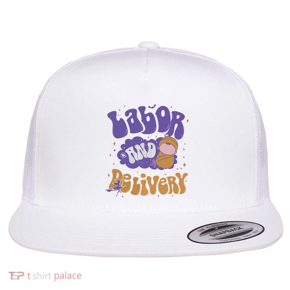 Retro Labor And Delivery Halloween Nursing Student Grad Flat Bill Trucker Hat