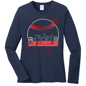 Retro Los Angeles Skyline Baseball Ladies Long Sleeve Shirt