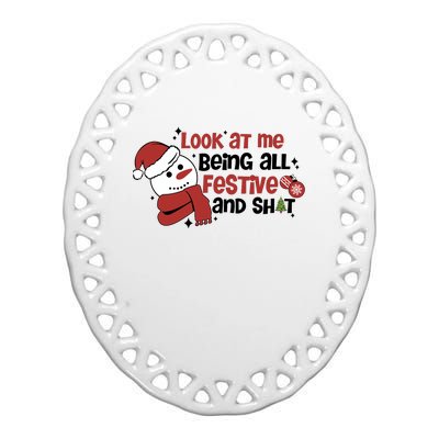 Retro Look At Me Being All Festive Funny Snowman Christmas Ceramic Oval Ornament