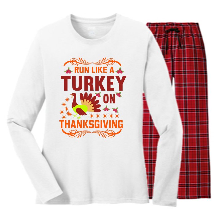 Run Like A Turkey! Turkey Trot 2024 Women's Long Sleeve Flannel Pajama Set 