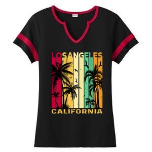 Retro Los Angeles California Palm Tree Stripes Ladies Halftime Notch Neck Tee