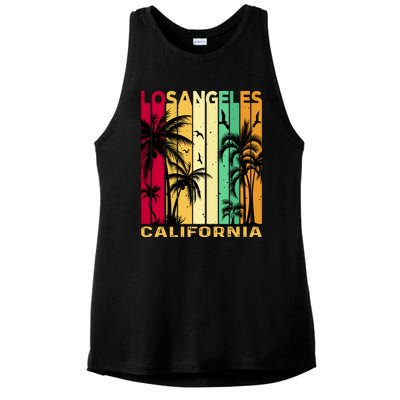 Retro Los Angeles California Palm Tree Stripes Ladies PosiCharge Tri-Blend Wicking Tank