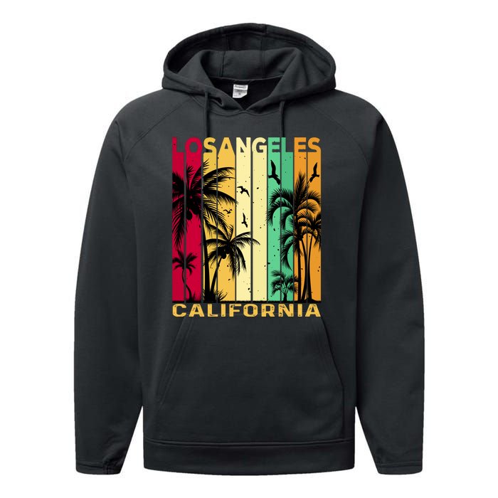 Retro Los Angeles California Palm Tree Stripes Performance Fleece Hoodie