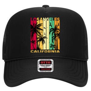 Retro Los Angeles California Palm Tree Stripes High Crown Mesh Back Trucker Hat