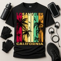Retro Los Angeles California Palm Tree Stripes Cooling Performance Crew T-Shirt
