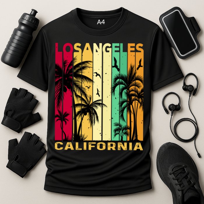 Retro Los Angeles California Palm Tree Stripes Cooling Performance Crew T-Shirt