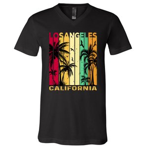 Retro Los Angeles California Palm Tree Stripes V-Neck T-Shirt