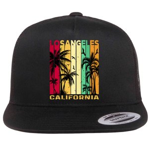 Retro Los Angeles California Palm Tree Stripes Flat Bill Trucker Hat