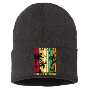 Retro Los Angeles California Palm Tree Stripes Sustainable Knit Beanie