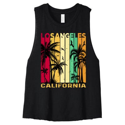 Retro Los Angeles California Palm Tree Stripes Women's Racerback Cropped Tank