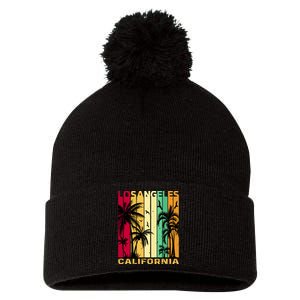 Retro Los Angeles California Palm Tree Stripes Pom Pom 12in Knit Beanie