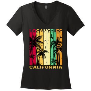 Retro Los Angeles California Palm Tree Stripes Women's V-Neck T-Shirt