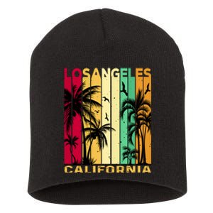 Retro Los Angeles California Palm Tree Stripes Short Acrylic Beanie