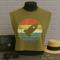 Rocket Launch Astronomy Funny Retro Rocket Space Ship Garment-Dyed Women's Muscle Tee