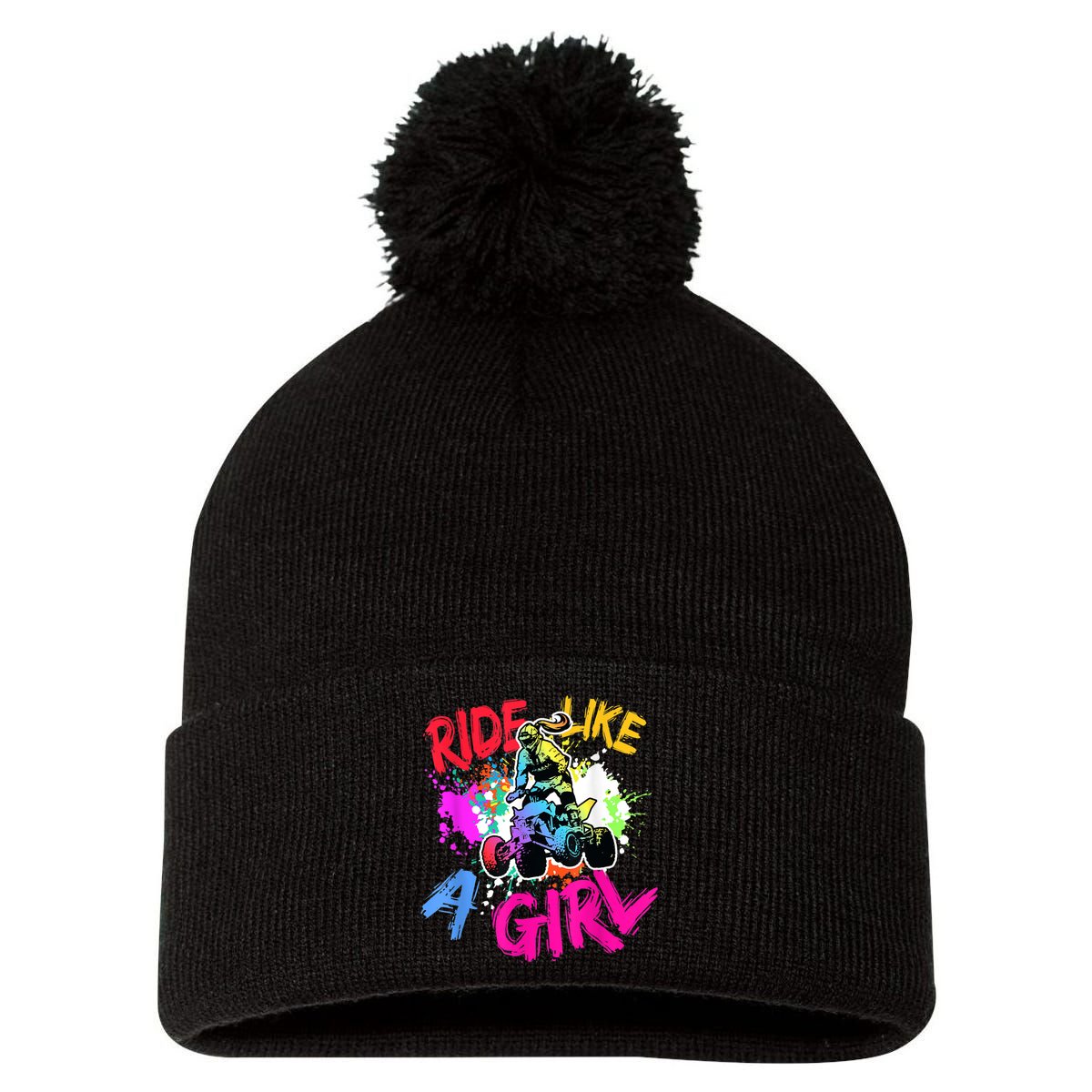 Ride Like A Girl ATV Lovers Quad Bike Biker Girl Pom Pom 12in Knit Beanie