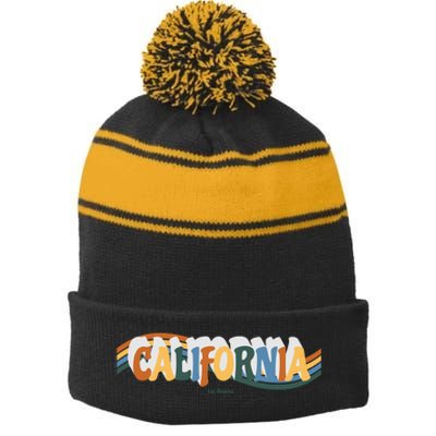 Retro Los Angeles California Cali Wave Stripe Pom Pom Beanie