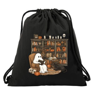 Retro Librarian Bookshelf Teacher Boujee Ghost Cat Halloween Meaningful Gift Drawstring Bag