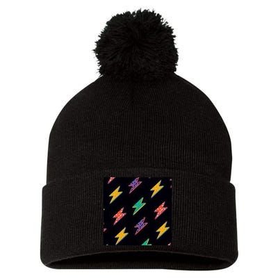 Retro Lightning Bolt Colorful Pom Pom 12in Knit Beanie
