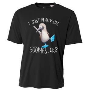 Really Like Boobies! Funny Bold Blue Feet Booby Humor Cooling Performance Crew T-Shirt