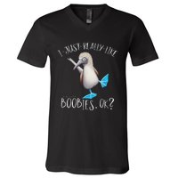 Really Like Boobies! Funny Bold Blue Feet Booby Humor V-Neck T-Shirt